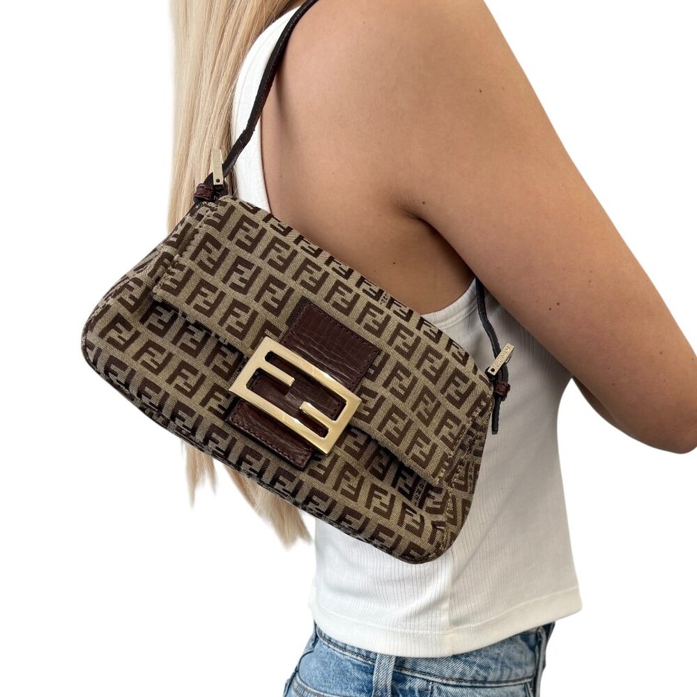 FENDI Vintage FF Logo Zucchino Mamma Baguette Shoulder Bag Brown Gold [105836]